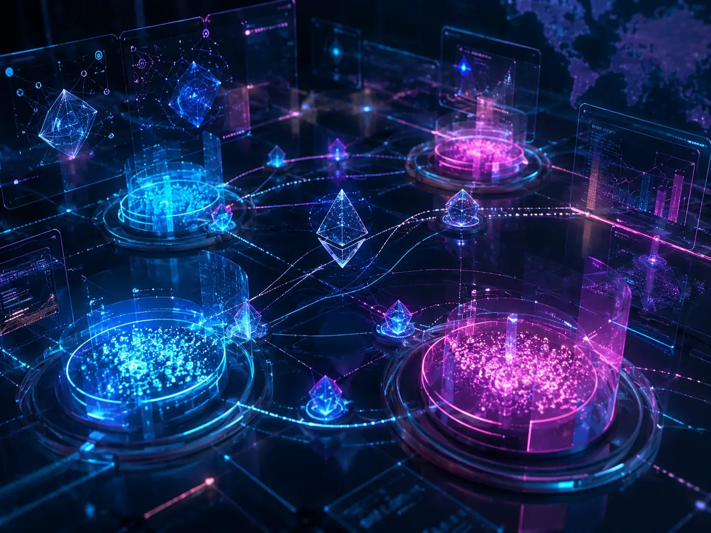 Pools de liquidez visualizadas como plataformas de dados neon