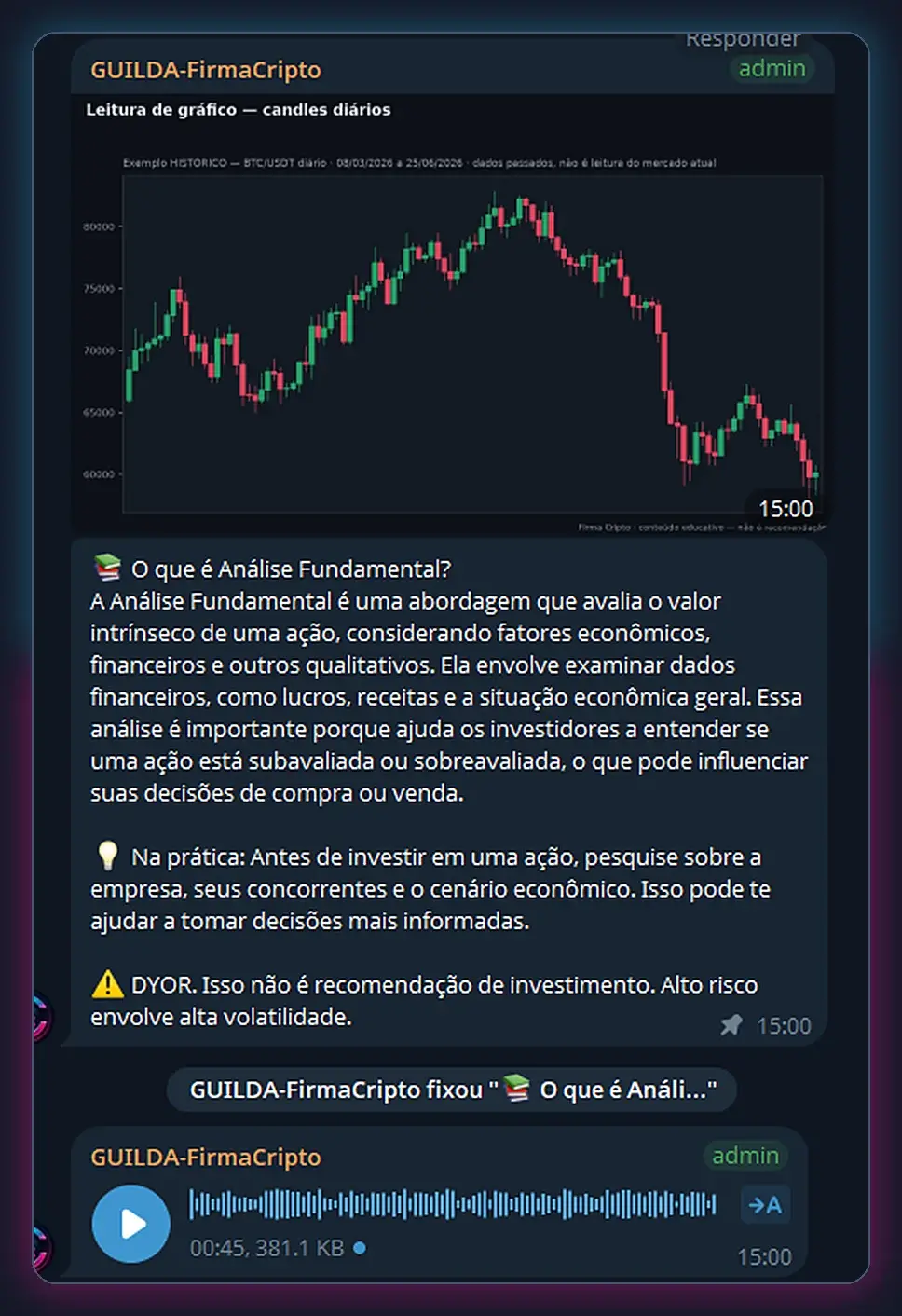 Aula sobre análise fundamental na Guilda da Firma Cripto, com gráfico e mensagem de áudio