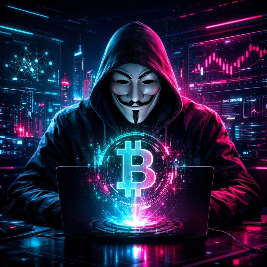 Firma Cripto — figura encapuzada com máscara Guy Fawkes e Bitcoin holográfico