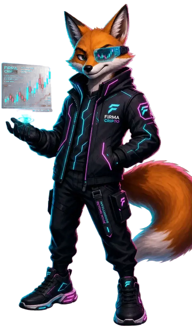 Mascote da Firma Cripto — raposa cypherpunk com jaqueta da marca, óculos de realidade aumentada e holograma de gráfico