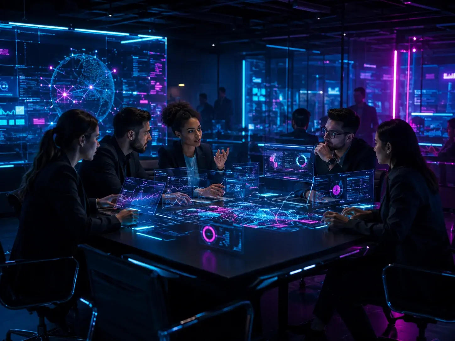 Equipe analisando dashboards de mercado em ambiente cyberpunk