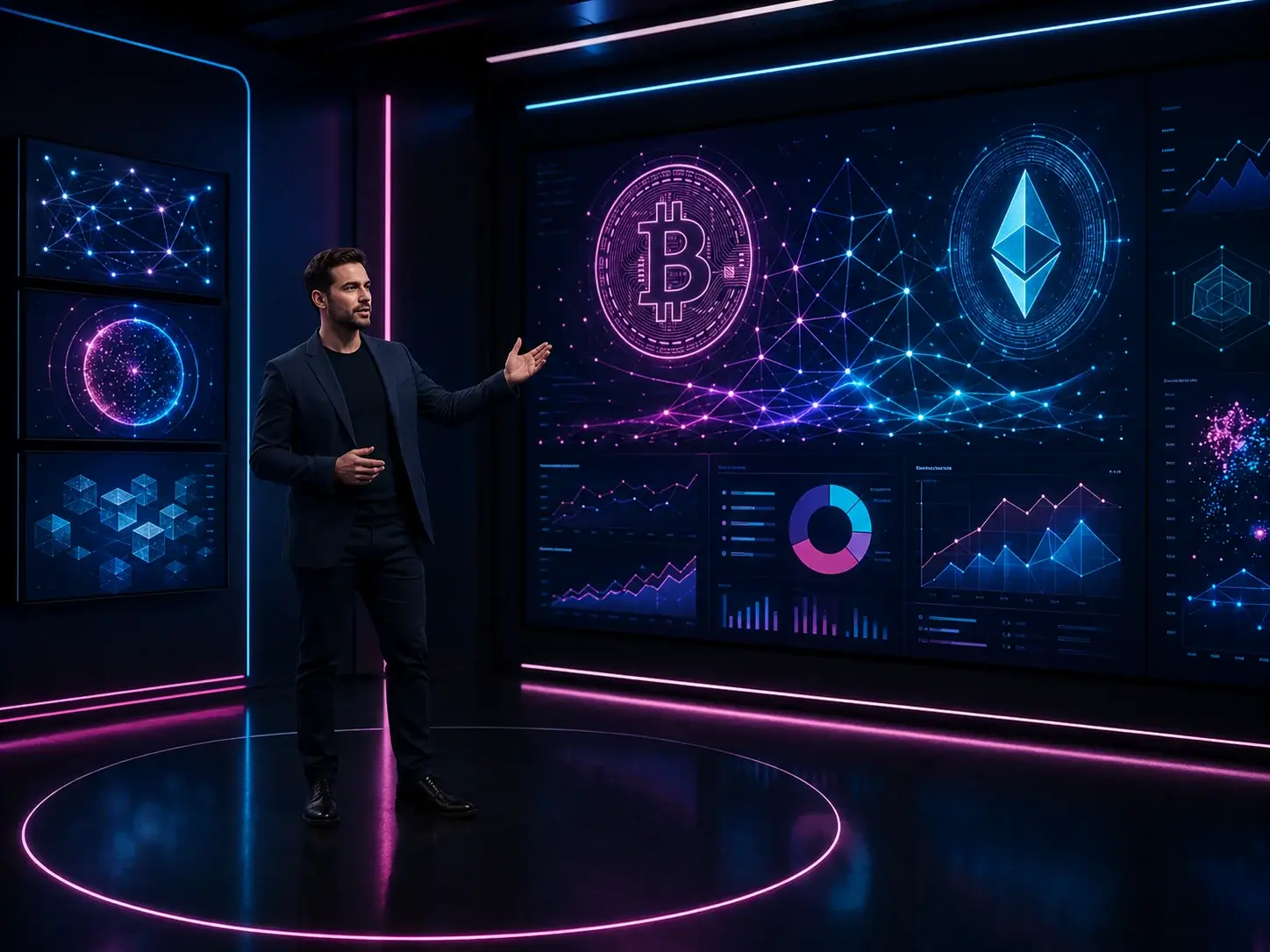 Estúdio de educação cripto com displays holográficos