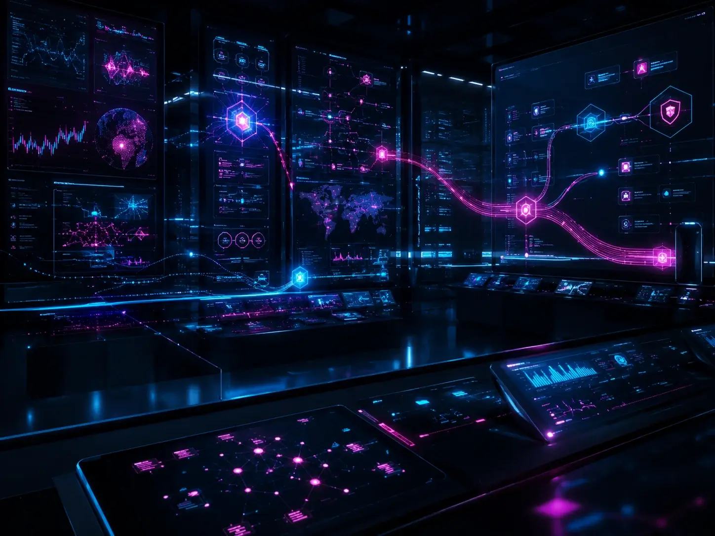Central de monitoramento e automação cripto com painéis HUD