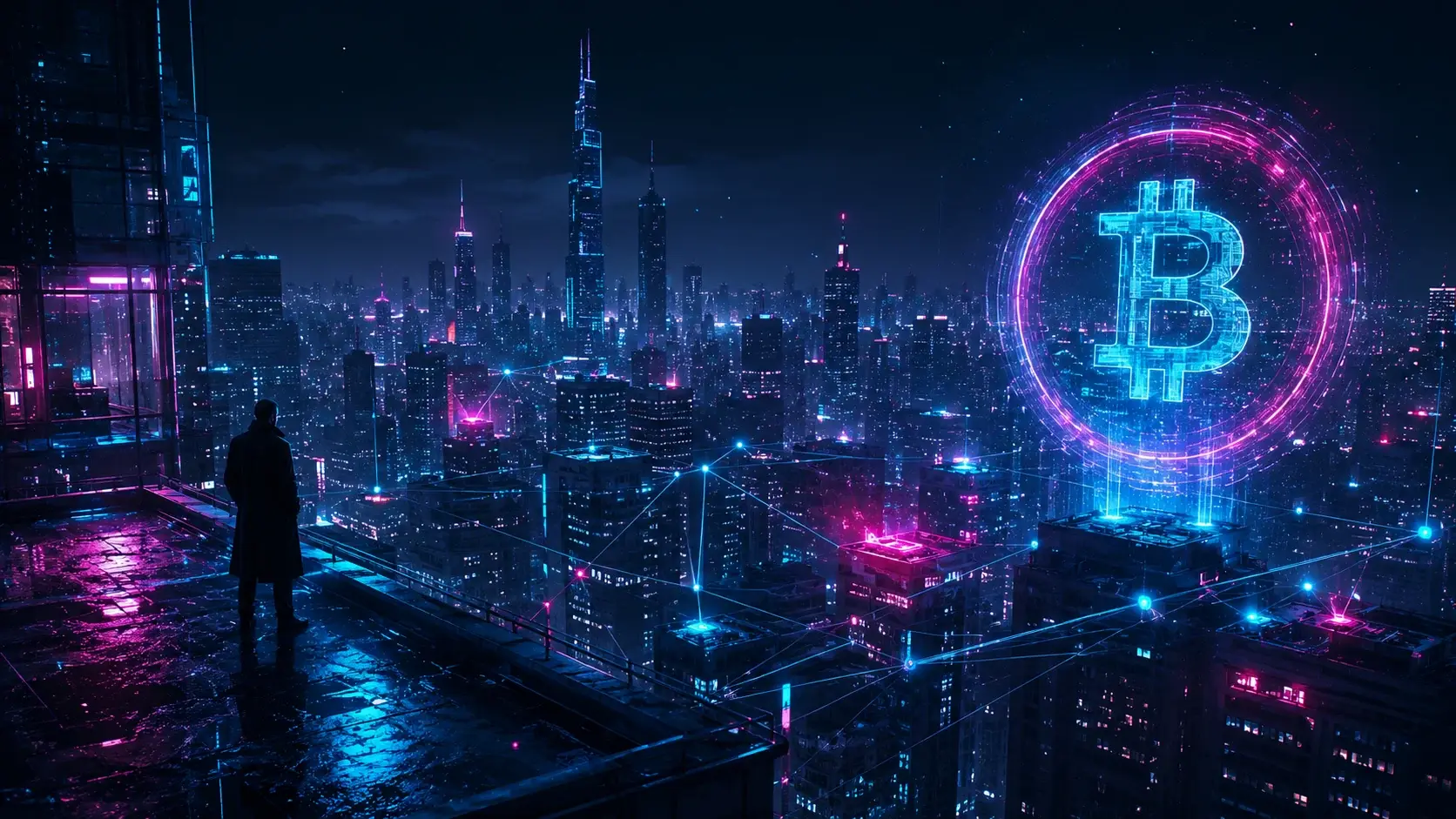 Ambiente cyberpunk neon da Firma Cripto com Bitcoin holográfico